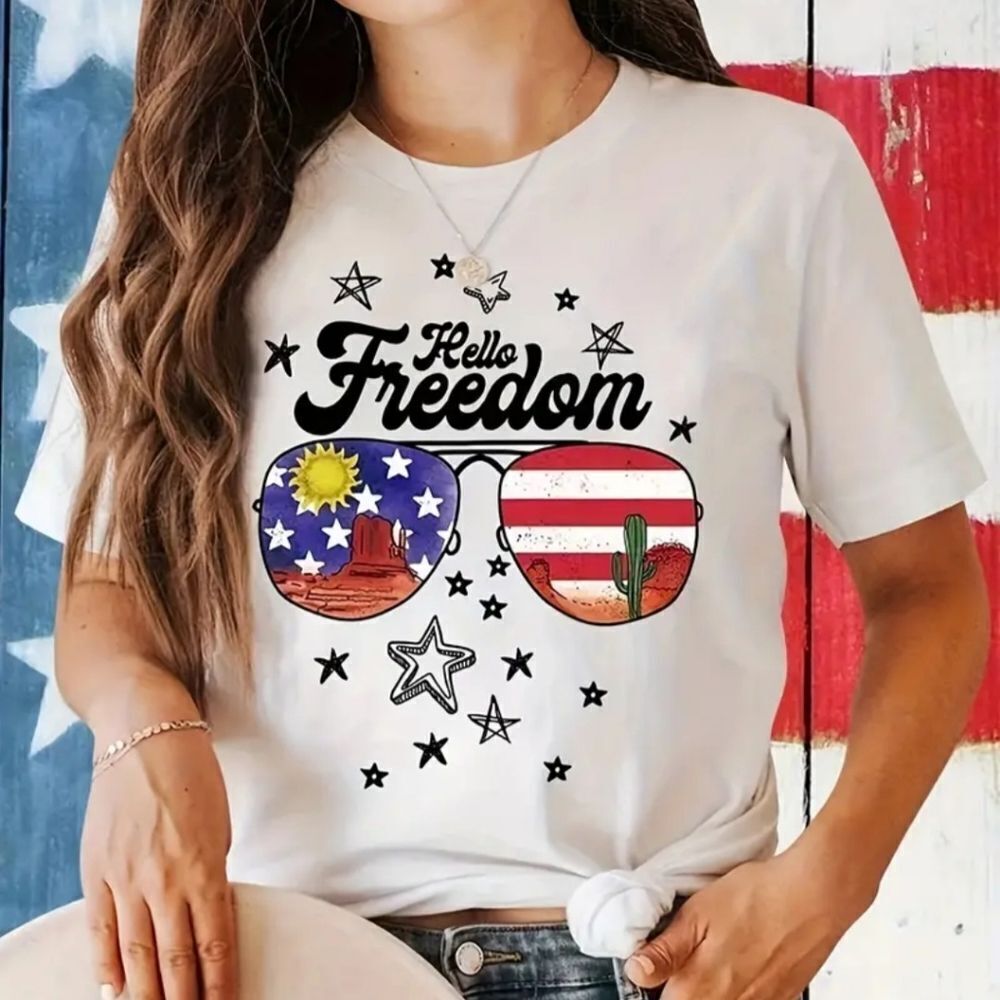 Ladies American Flag Print T-shirt Size Large